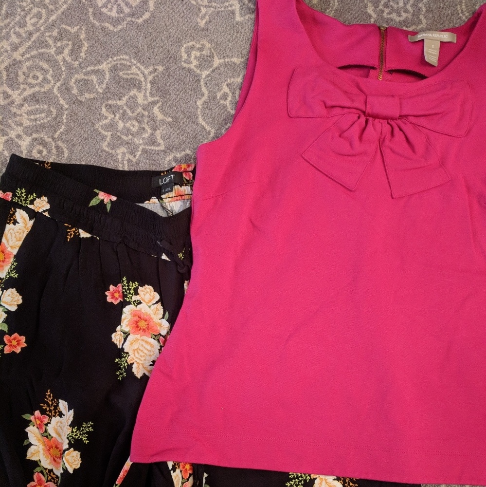 Banana Republic pink blouse Loft flower pants